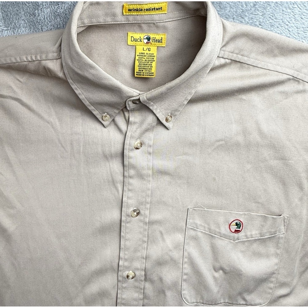 Duck Head Button Down Shirt Mens L Tan L/S Logo Cotton Wrinkle‎ Resitant Classic